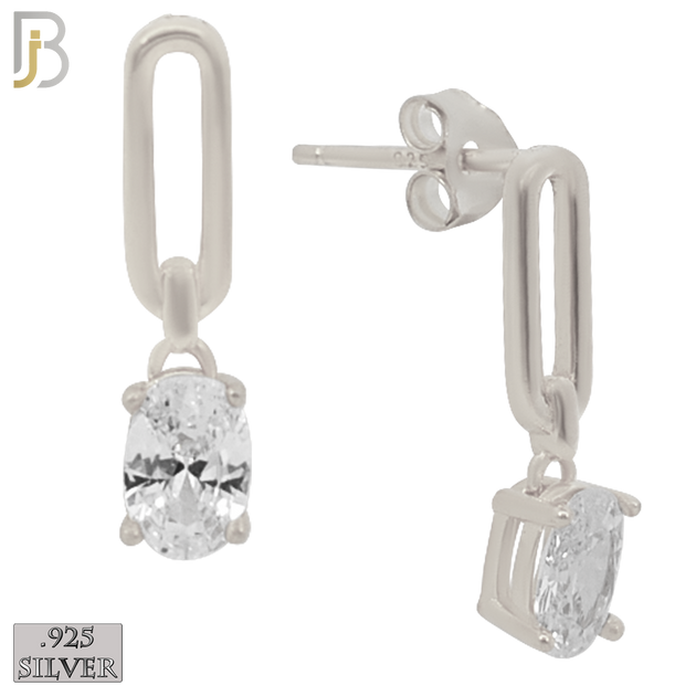 925-ES273- .925 Sterling Silver Oval Top with Dangling Prong Oval Zircon Design Earrings Stud image 1