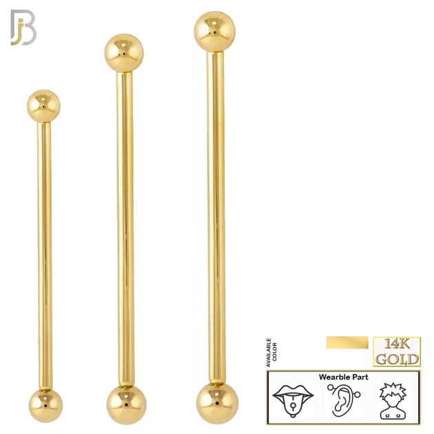 14-BB01Y16 - 14k Solid Gold 16g Barbell with Plain 5mm Ball Externally Threaded image 0