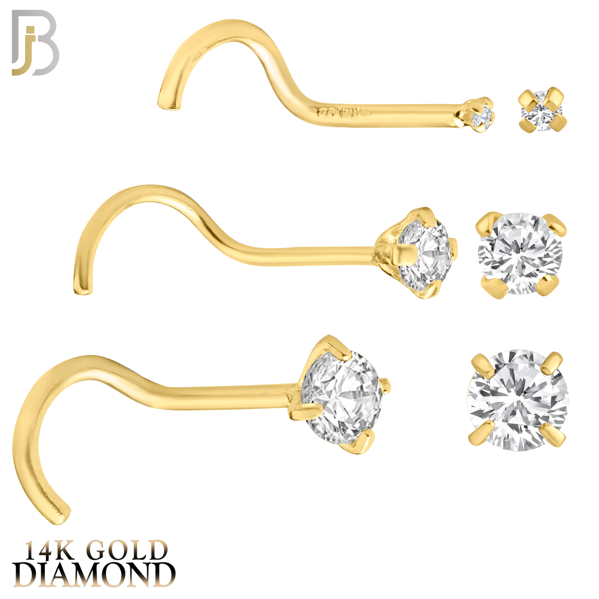 14-NR03D-20 - 20g - 14k Solid Gold Prong Setting Round Natural Diamond Nose Screw, Cork Screw image 0