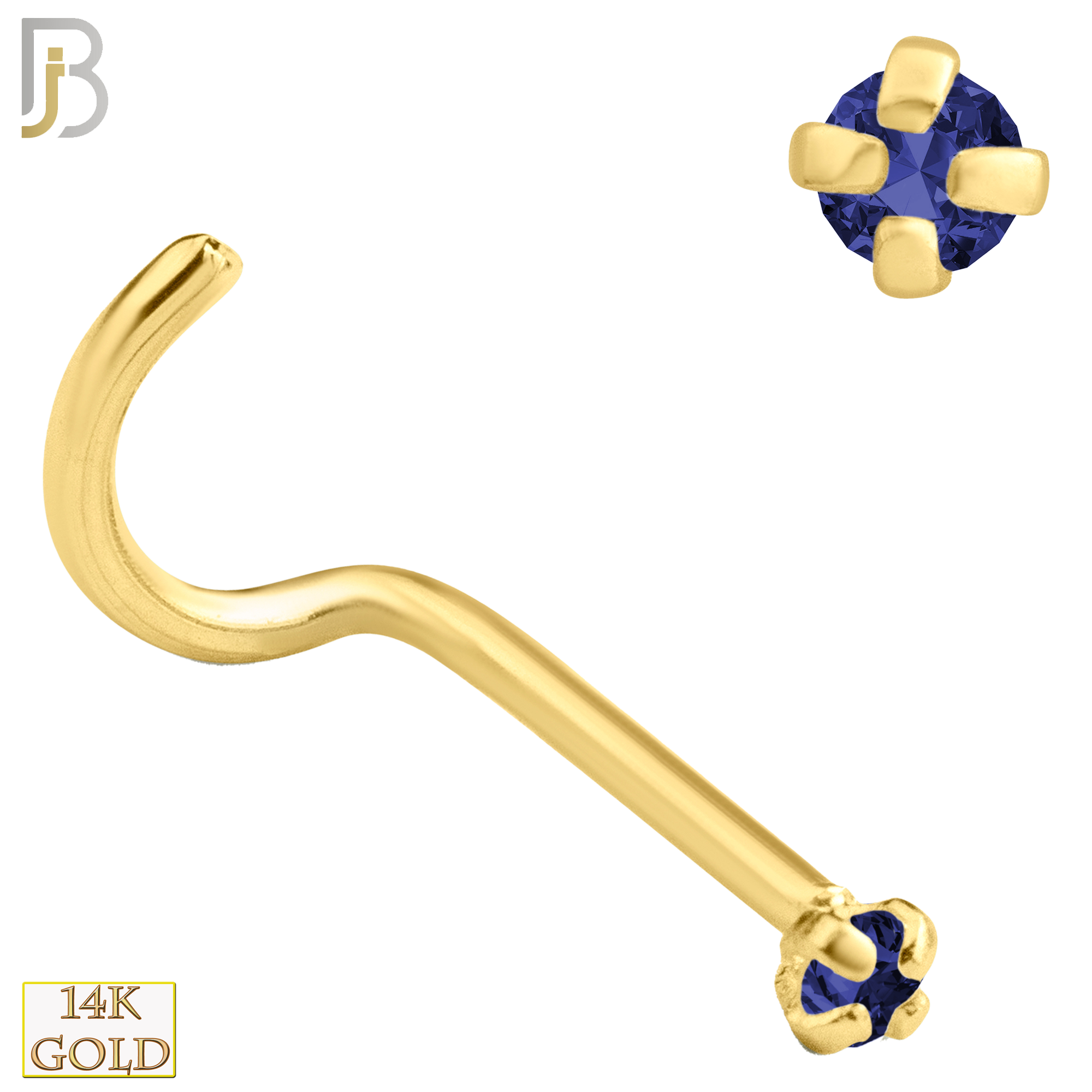 14-NR03CYS - 20g 14k Yellow Gold Nose Screw with Blue Sapphire Colored CZ image 1