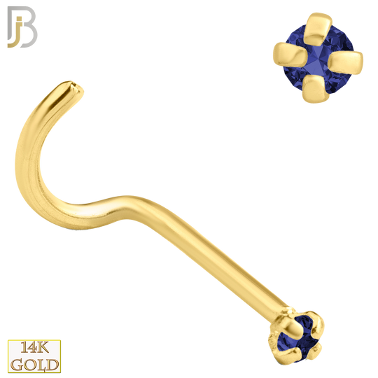 14-NR03CYS - 20g 14k Yellow Gold Nose Screw with Blue Sapphire Colored CZ image 1