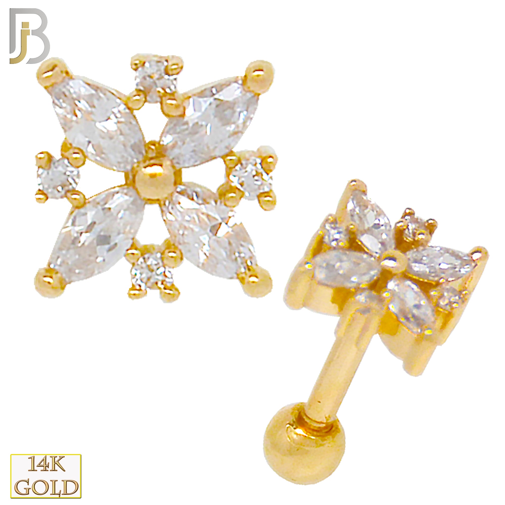 14-TB29 - 14k Solid Gold Screw Back Snowflake with CZ Tragus Barbell Cartilage Earring image 0