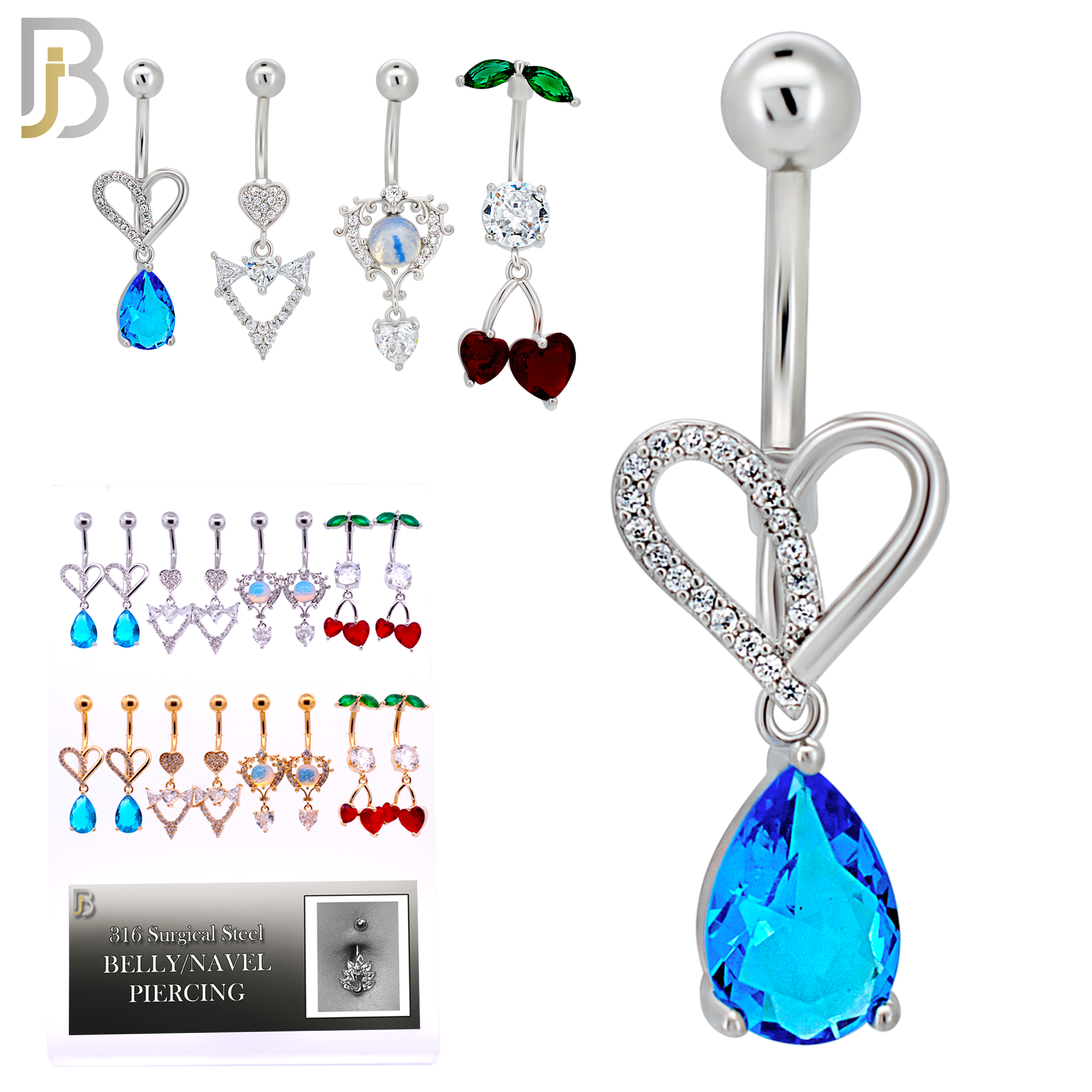 PK-N010 - 316L Surgical Steel Four Different Heart Designs Dangling Belly Rings - Pack of 16 Pieces image 1