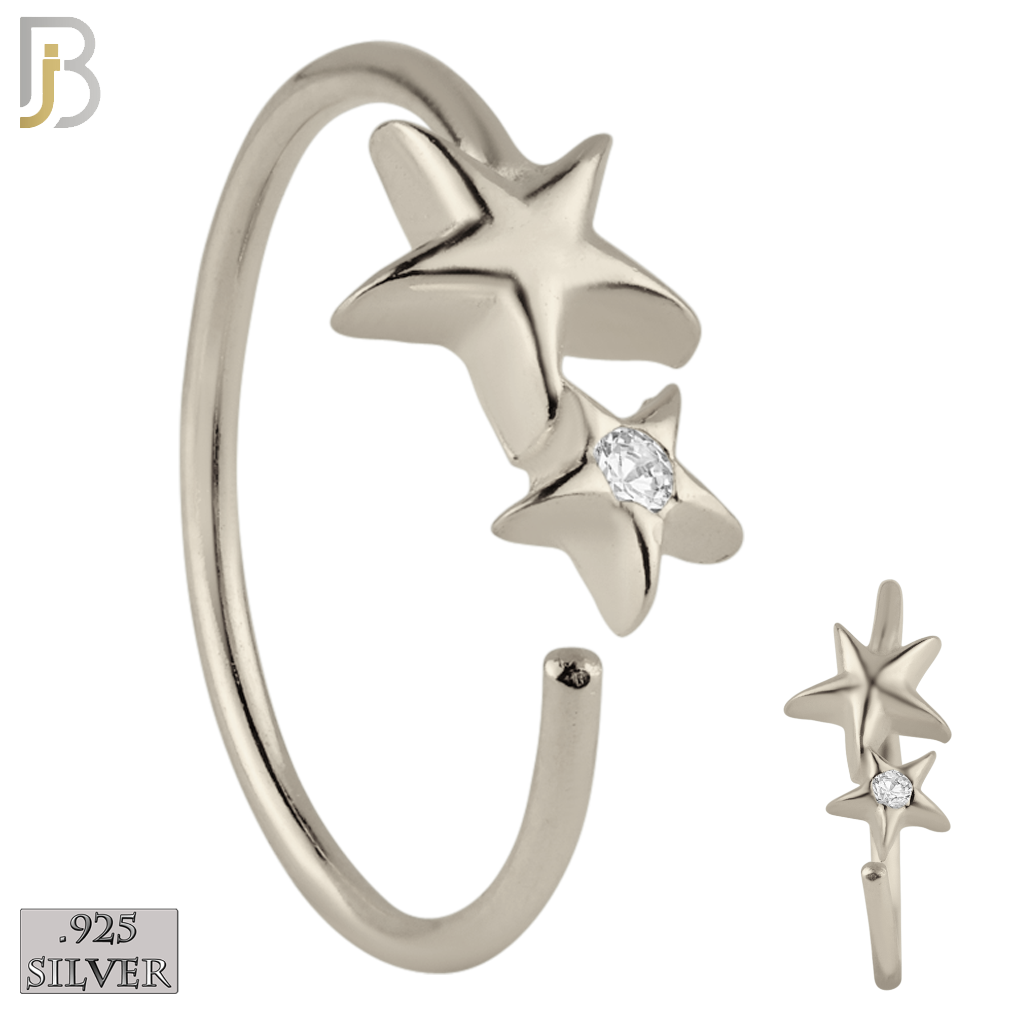 925-CT30 - 925 Sterling Silver Double Star Design Nose Hoops 22g Thick 8mm wide (PACK OF 6) image 0