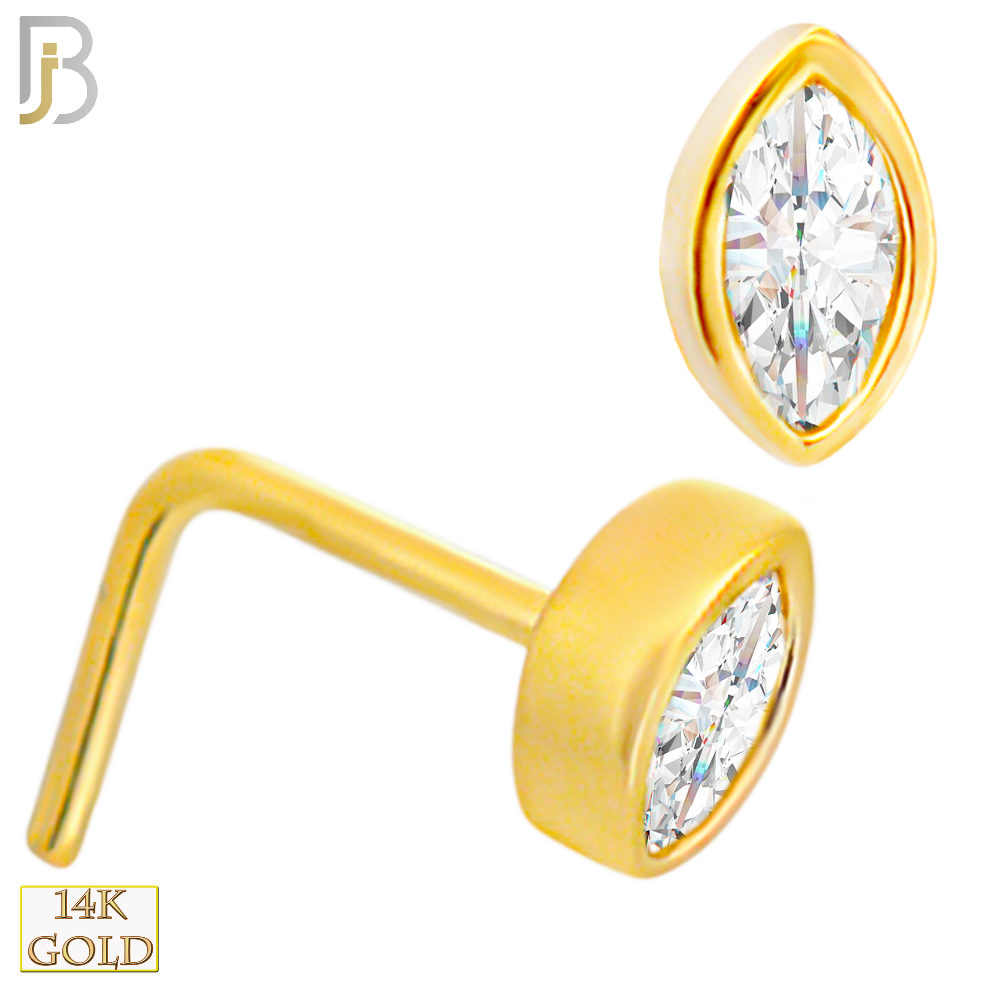 14-NR107L- 14k Solid Gold Marquise Shaped CZ in Bezel Set LShaped Nose Ring image 1