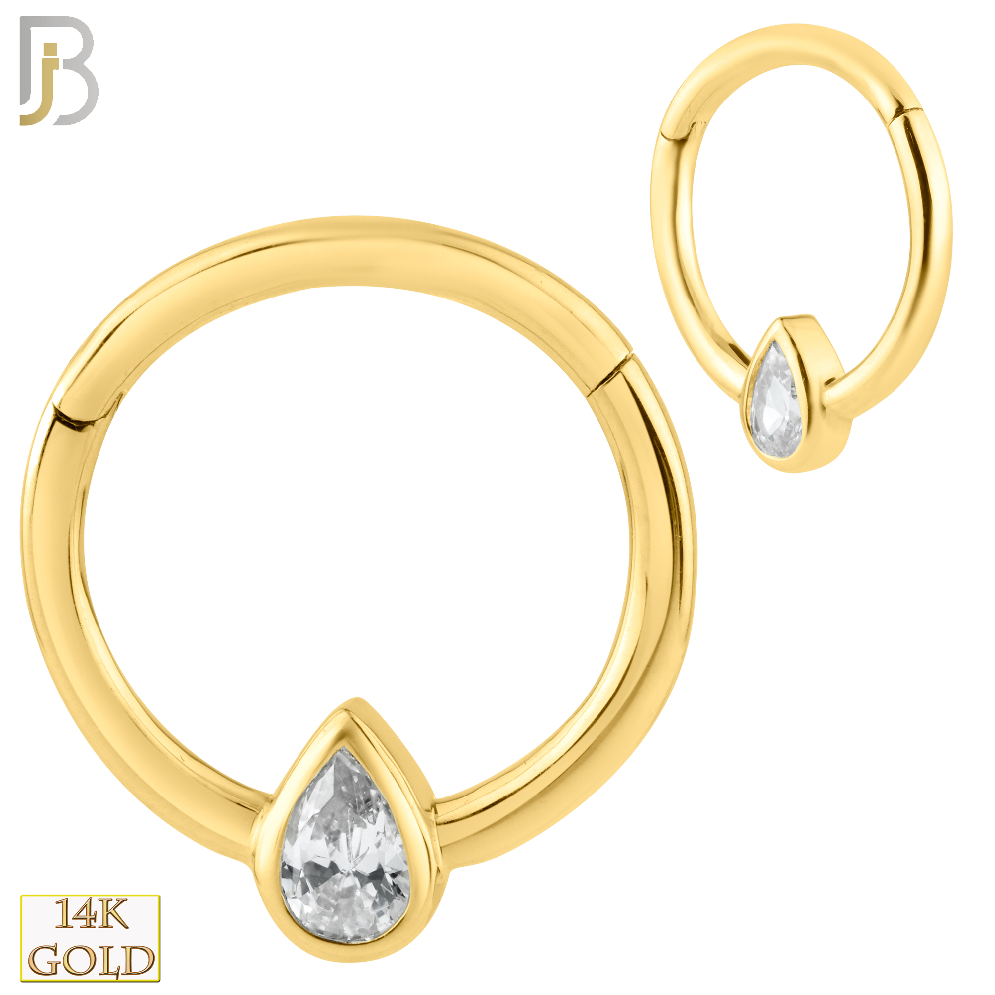 14-CT52 -  14K Solid Gold Tear Drop Zircon in Bezel Setting Hinged Hoops image 0