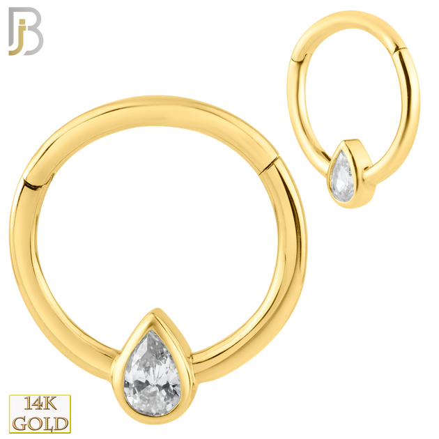 14-CT52 -  14K Solid Gold Tear Drop Zircon in Bezel Setting Hinged Hoops image 0