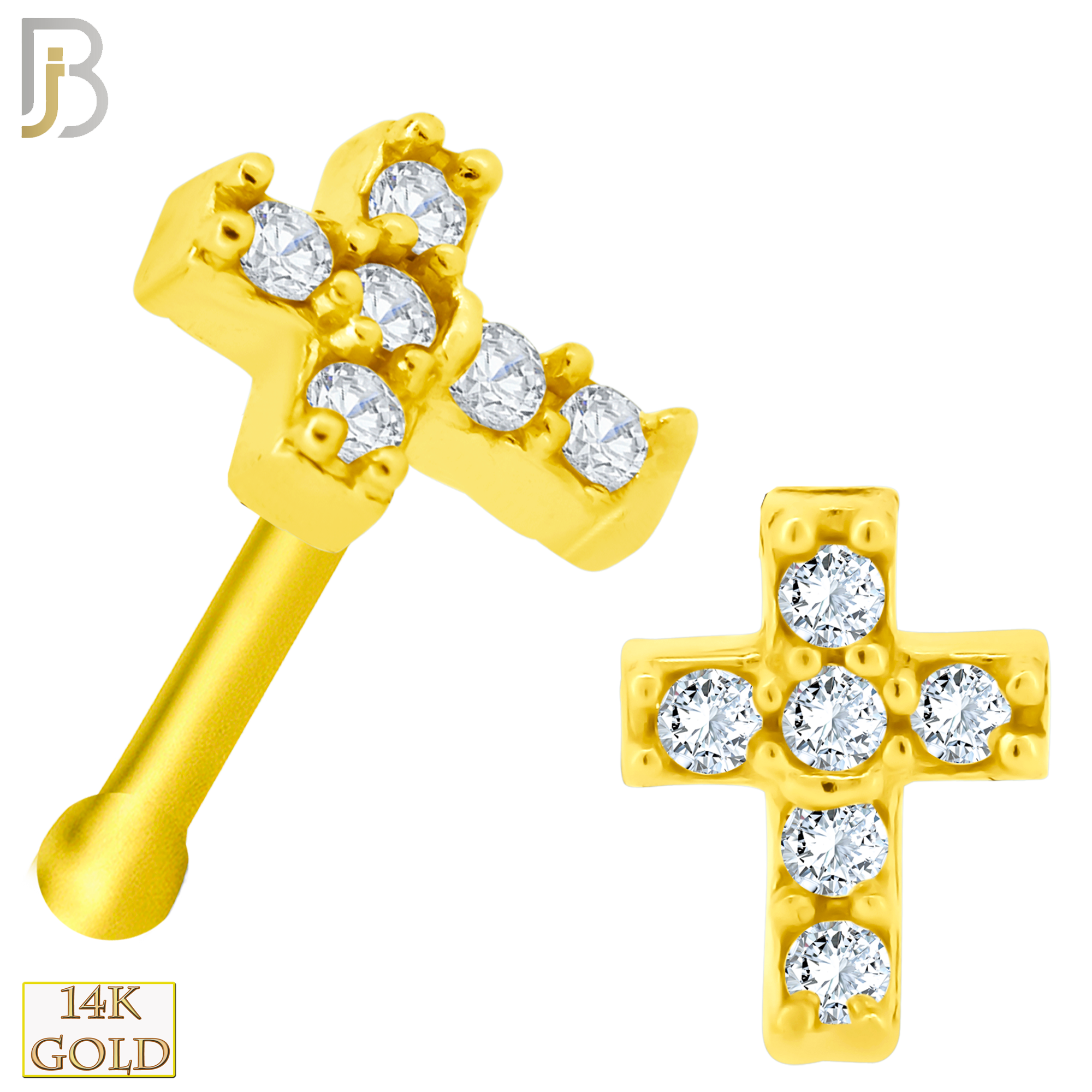 14-NR55B - 14k Solid Gold Cross with Multi Zircon Nose Bone - Yellow Gold image