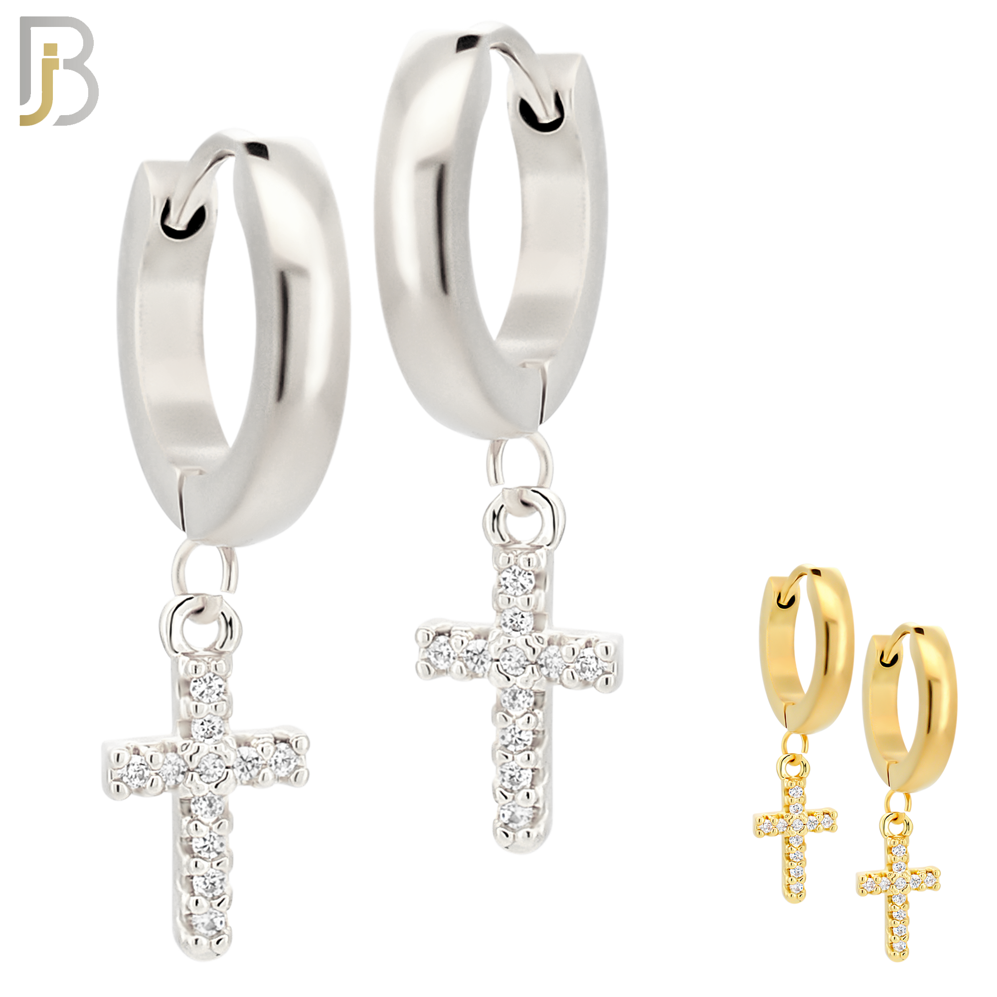 ES41 - 316L Stainless Steel Dangling Prong Setting Cross Zircon Design Huggies Clip On image 0