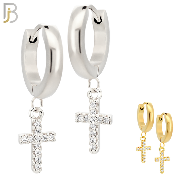 ES41 - 316L Stainless Steel Dangling Prong Setting Cross Zircon Design Huggies Clip On image 0