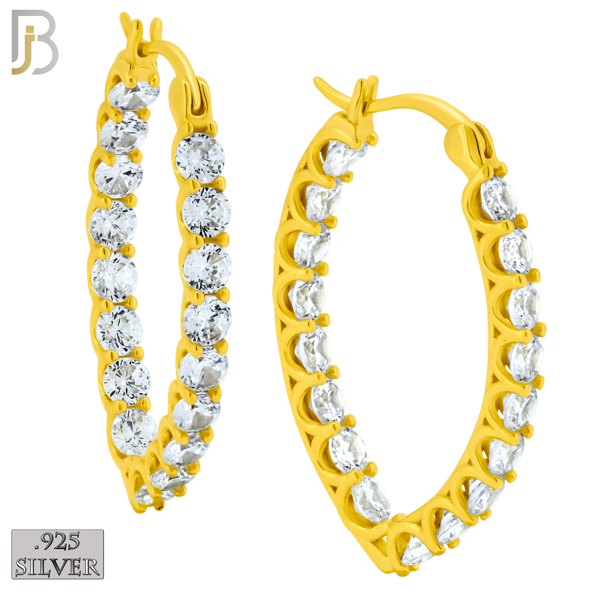 925-ES398 - .925 Sterling Silver Baguette CZ Studded Hoop Earrings image 1