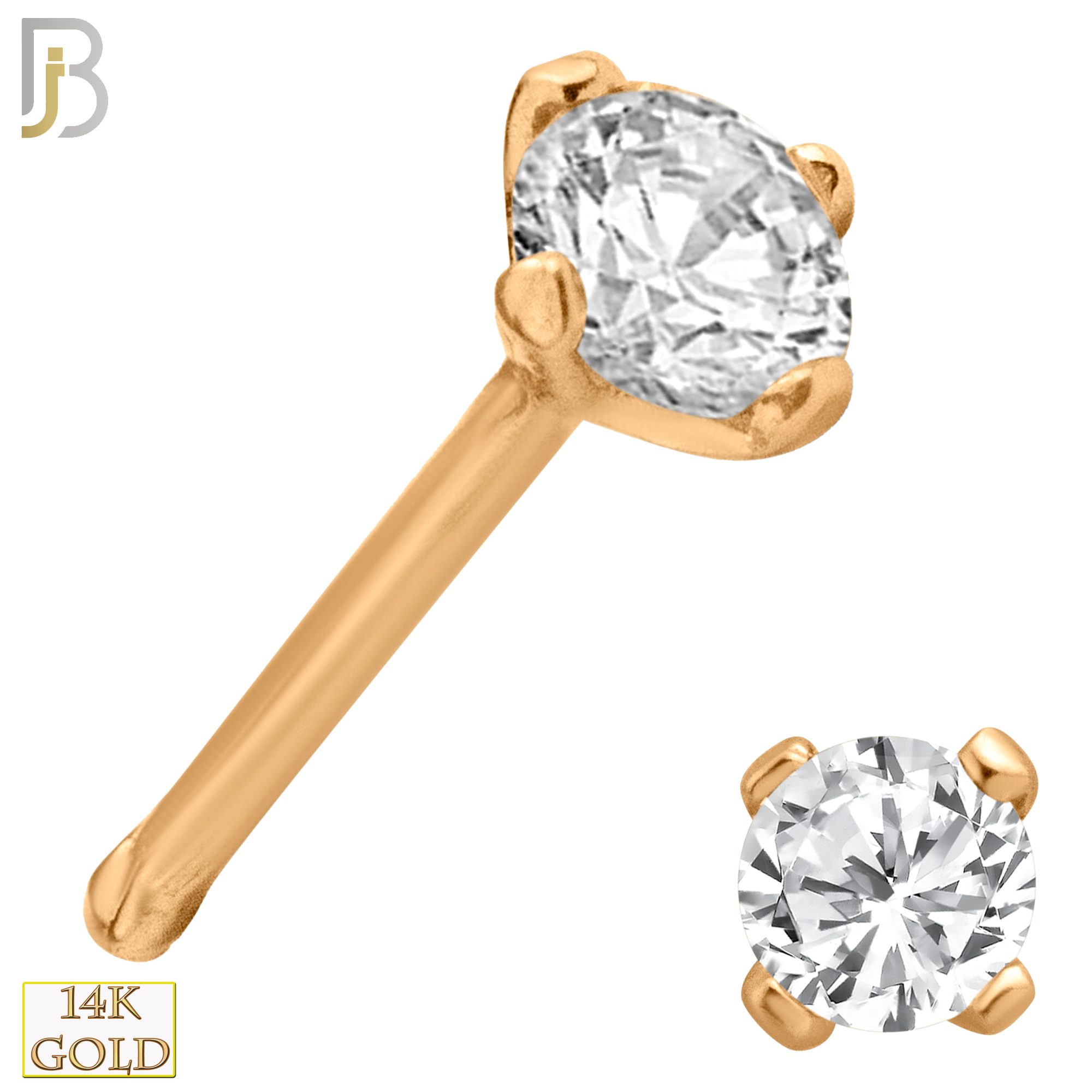 14-NR01CR-22 - 14k Solid  Rose Gold 22g Prong Setting  Round Cubic Zircona Nose Bone - 2.5mm image