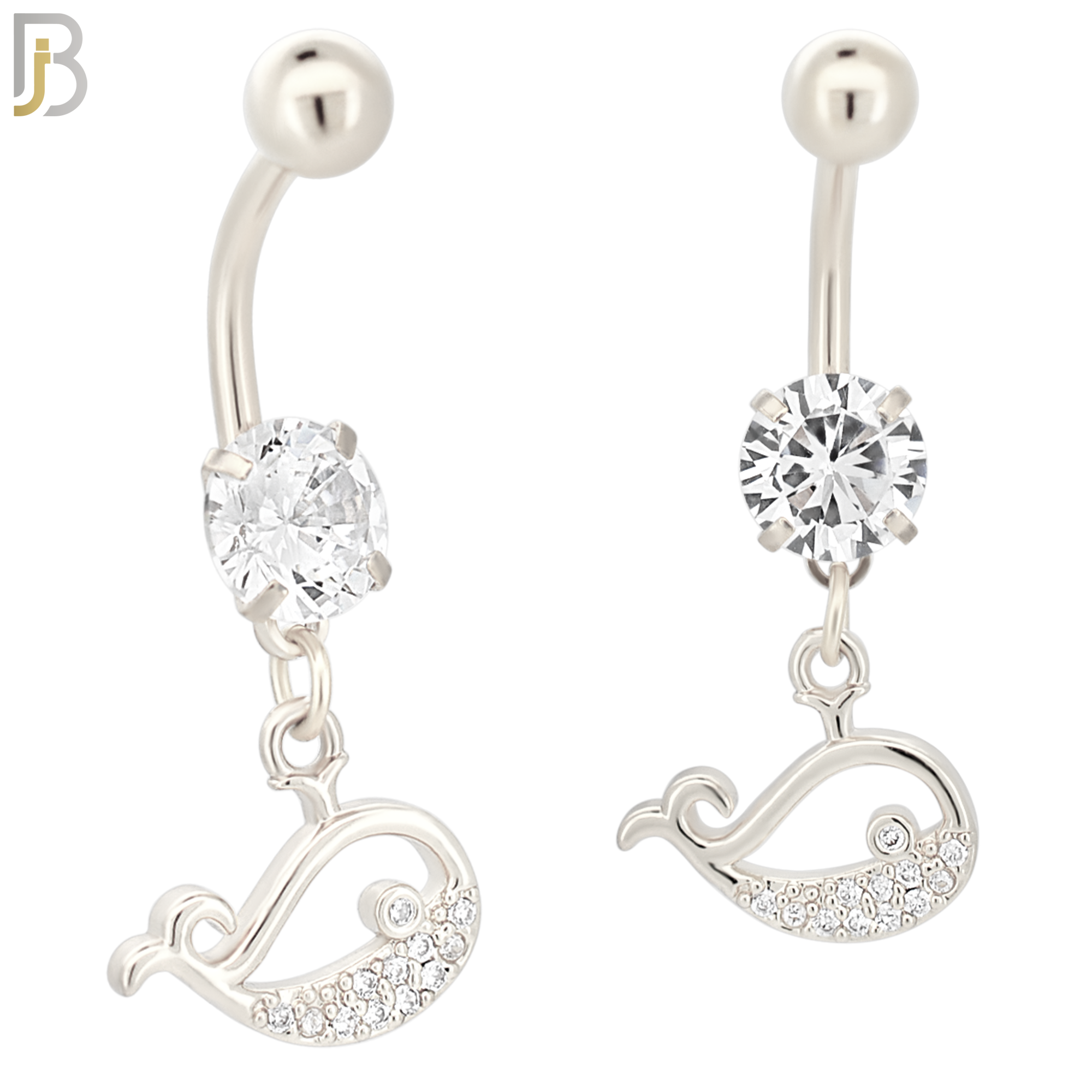 N087  - 316L Stainless Steel Dangling Blue Whale with CZ Belly Ring image 1