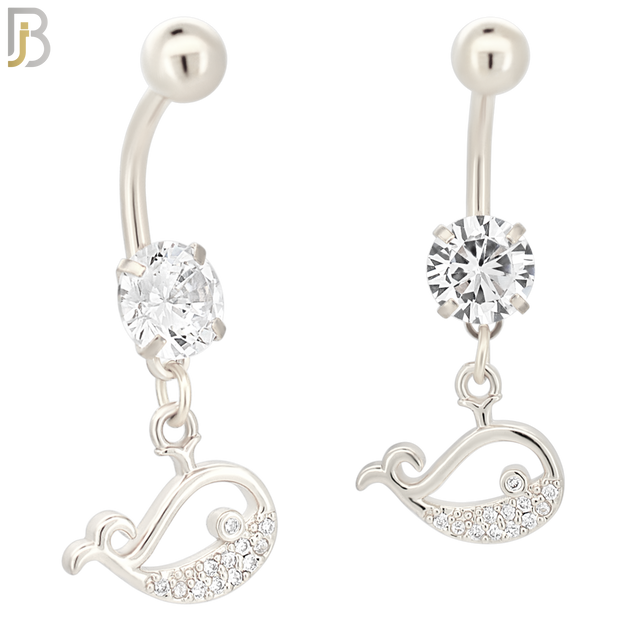 N087  - 316L Stainless Steel Dangling Blue Whale with CZ Belly Ring image 1