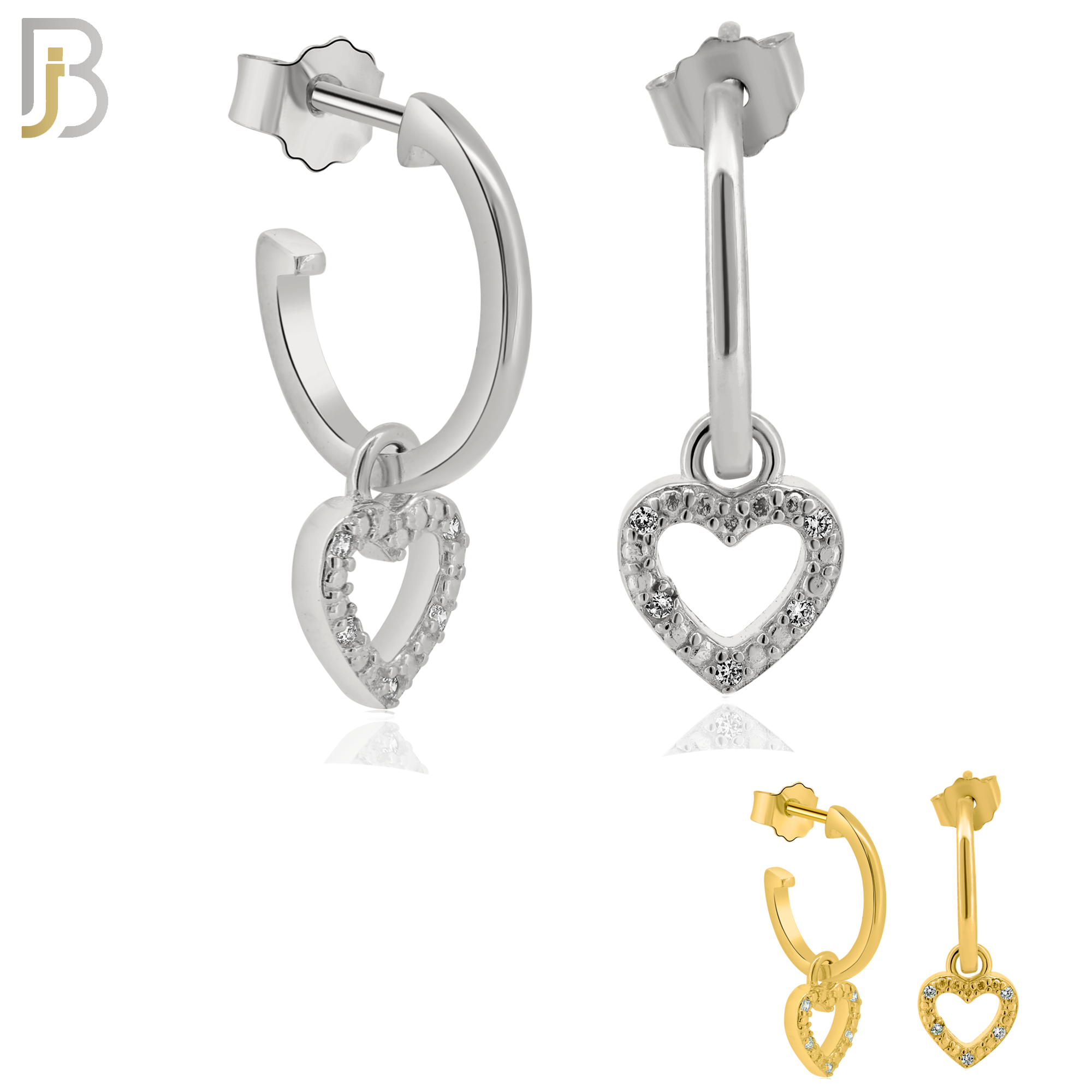 925-ES266 - .925 Sterling Silver Half Hoops with Dangling Hollow Heart with Zircon Design Earrings Stud image 0