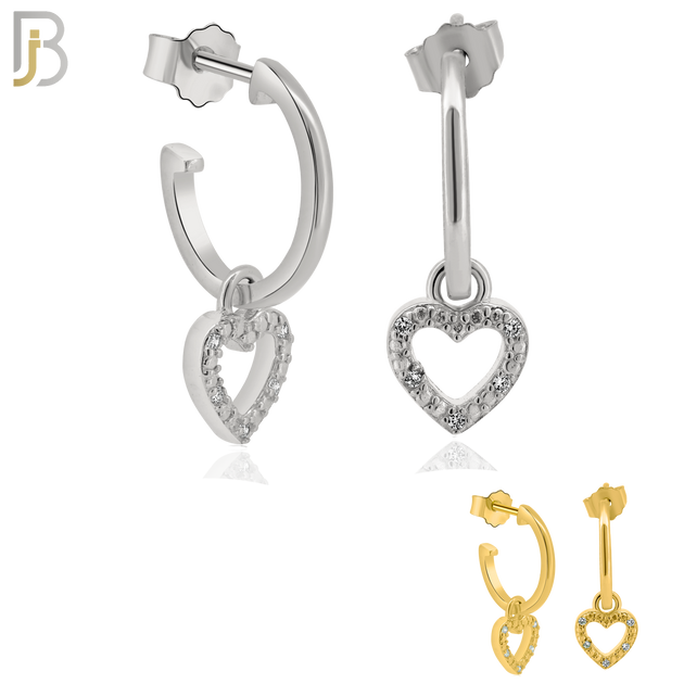 925-ES266 - .925 Sterling Silver Half Hoops with Dangling Hollow Heart with Zircon Design Earrings Stud image 0