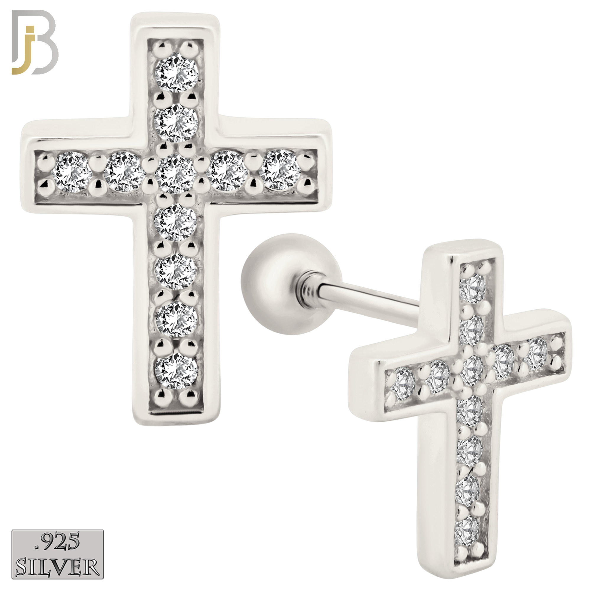 925-ES368 - Screw Ball Back - .925 Sterling Silver Cross Stud Earrings - Small image 1