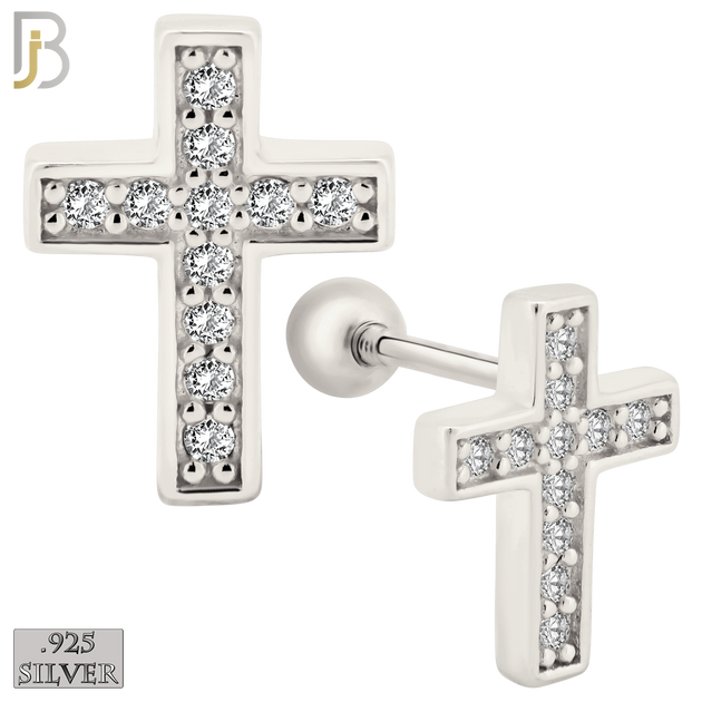 925-ES368 - Screw Ball Back - .925 Sterling Silver Cross Stud Earrings - Small image 1