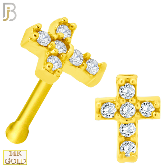 14-NR55B - 14k Solid Gold Cross with Multi Zircon Nose Bone image 0