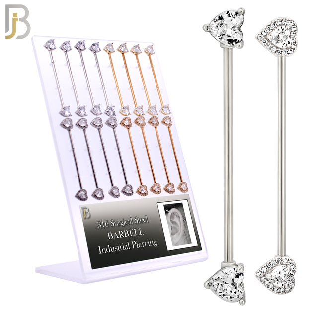 PK-BB08M - 316 Surgical Steel Industrial Barbell with Heart Shaped CZ Design image