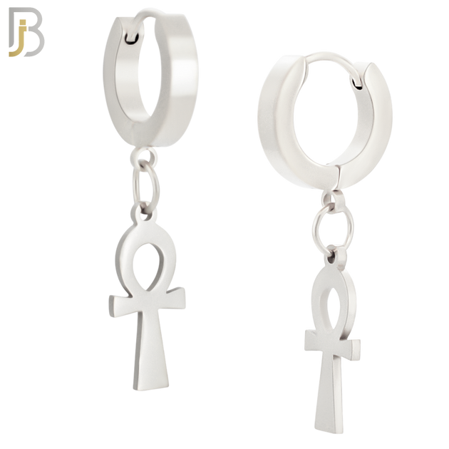 ES88  - 316L Stainless Steel Dangling Ankh Cross Design Huggies Clip On image 1