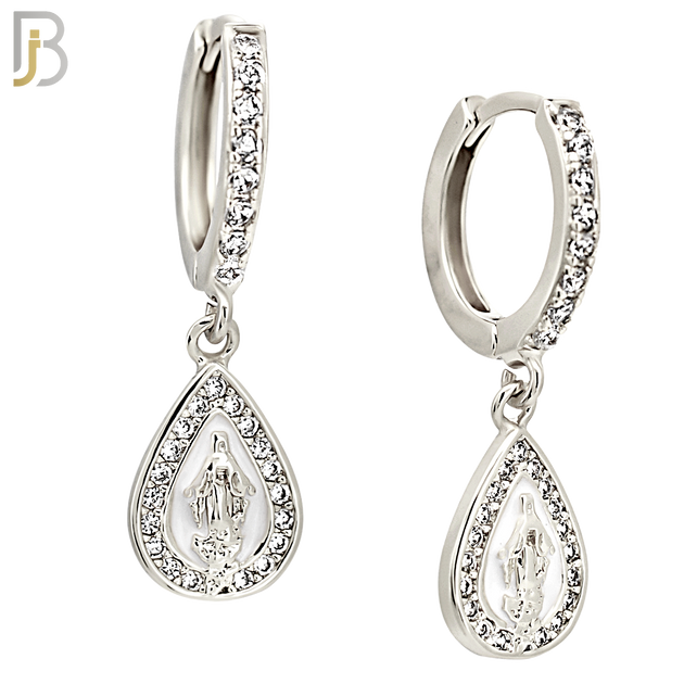ES498 - 316L Stainless Steel Dangling Tear Drop Virgin Mary Huggies Earrings image 1
