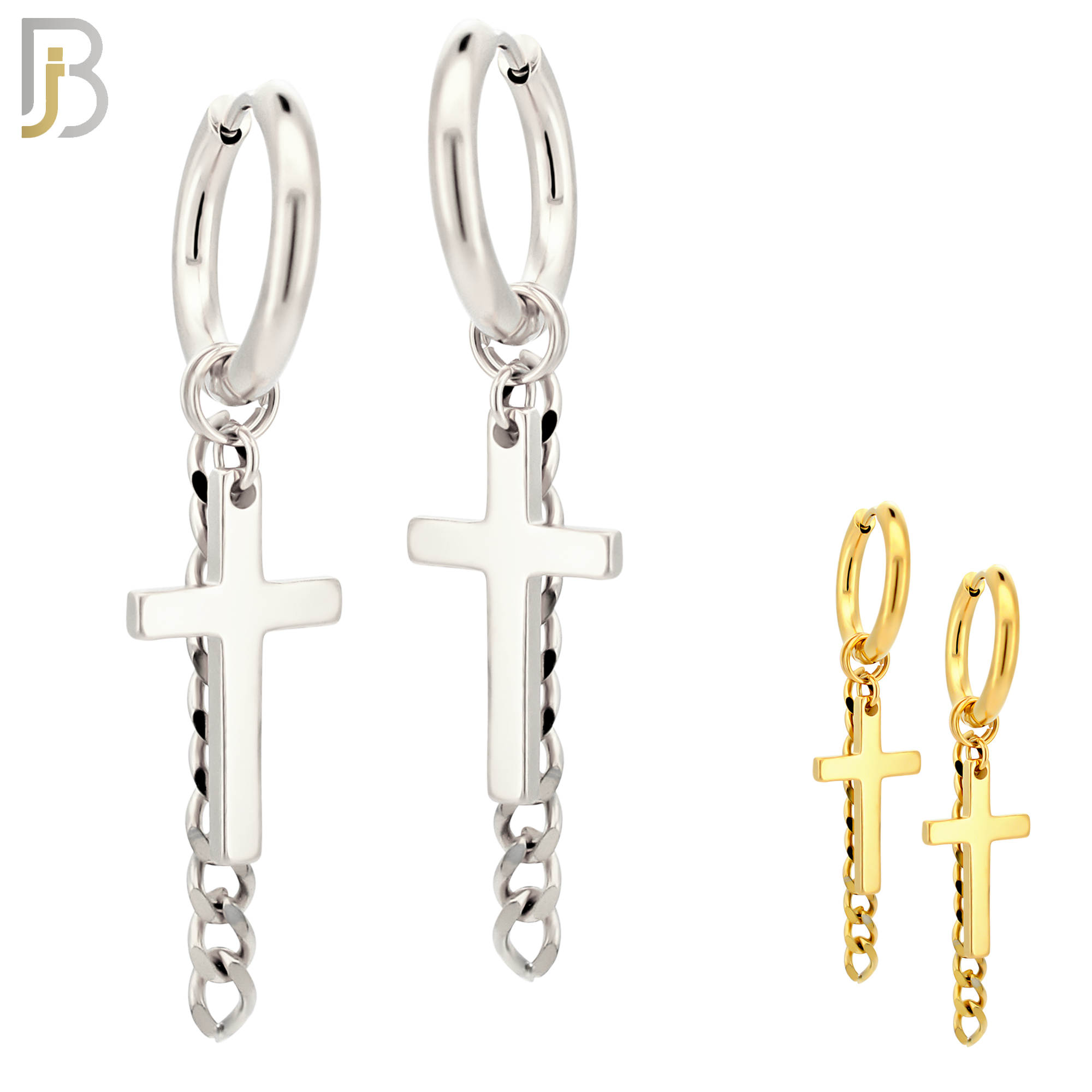 ES46 - 316L Stainless Steel Dangling Cross with Chain Design Huggies Clip On image 0