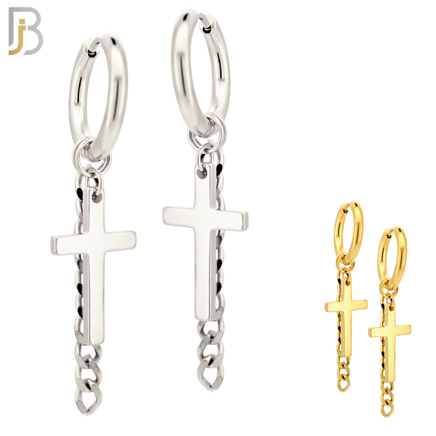 ES46 - 316L Stainless Steel Dangling Cross with Chain Design Huggies Clip On image 0