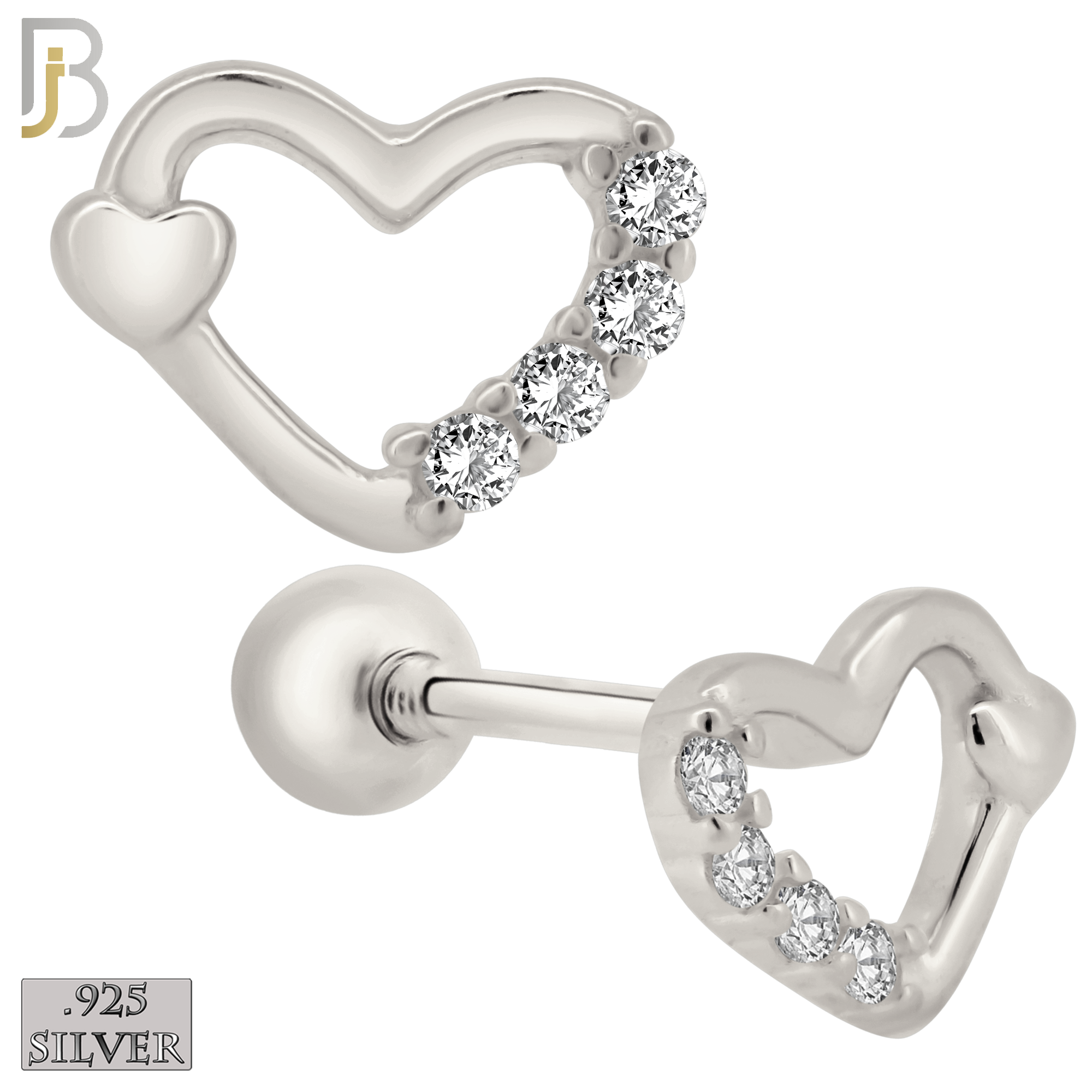 925-ES207 - Screw Ball Back - .925 Sterling Silver Heart Design Earring Stud with Clear Zircon image 1