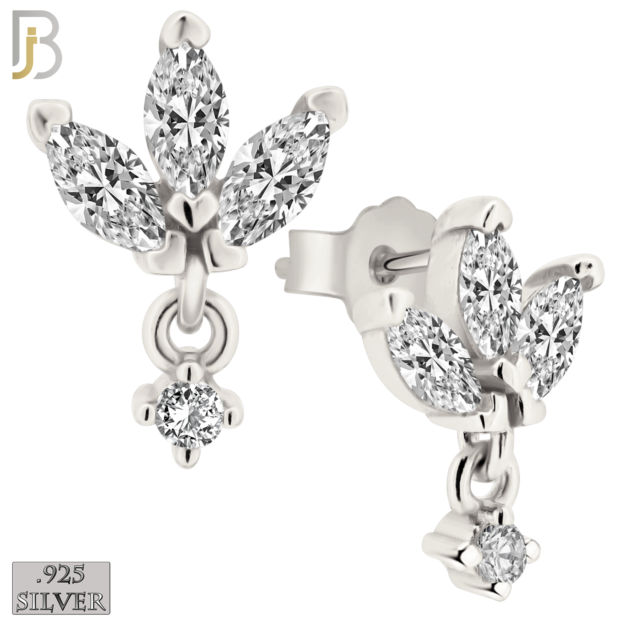 925-ES422 - Push Back - 925 Sterling Silver Three Leaf Stud Earrings with Dangling Zircon image 0