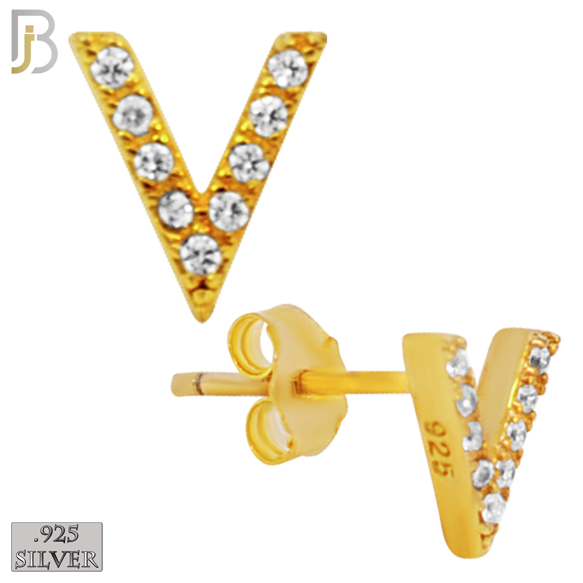 925-ES152 - .925 Sterling Silver Letter V Design with Zircon Design Earring Stud image 2