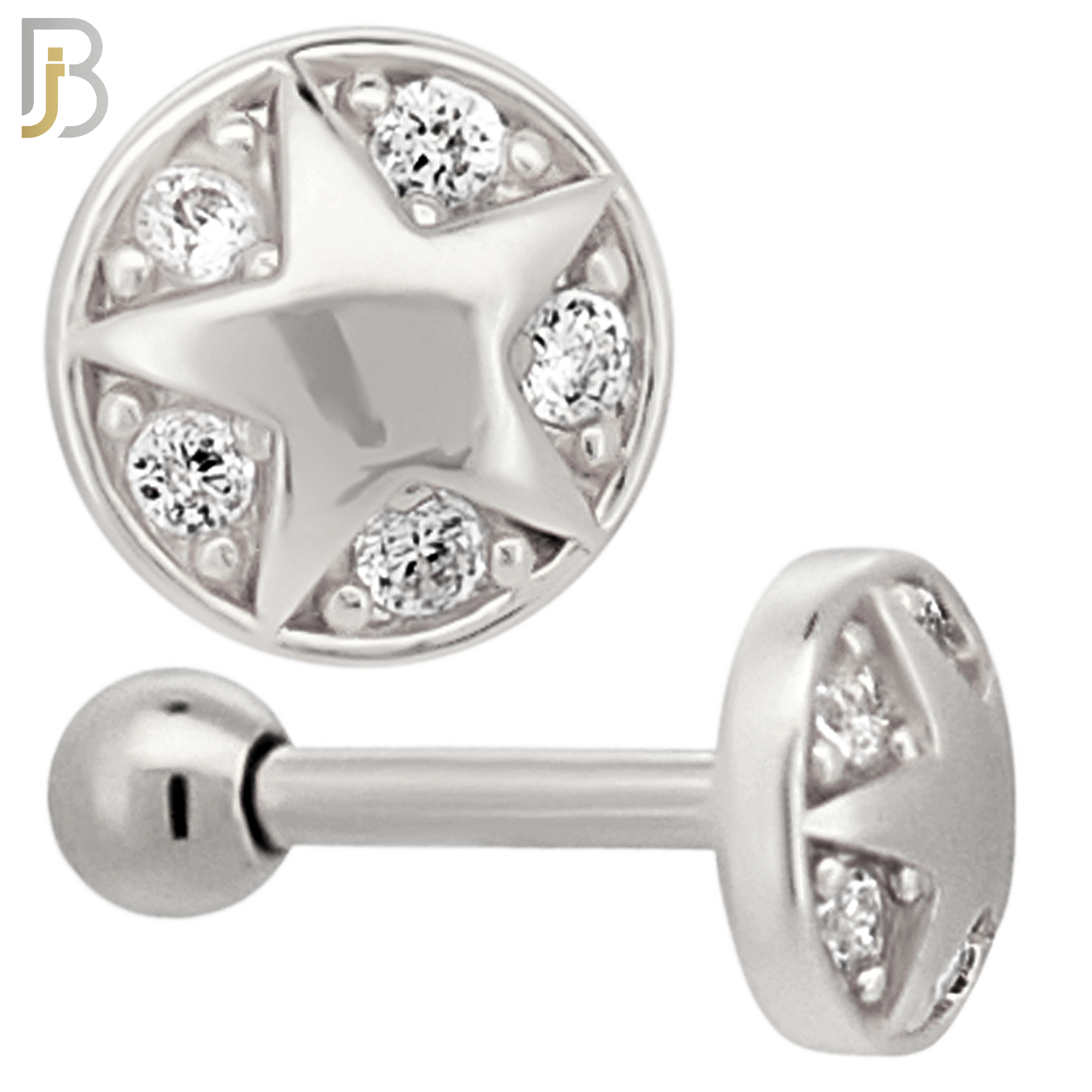 TB52 - 316L Stainless Steel and Brass Plain Star in Disc with Multi Zircon Design Tragus Barbell Cartilage Piercing Externally Threaded (PACK OF 6) image 1