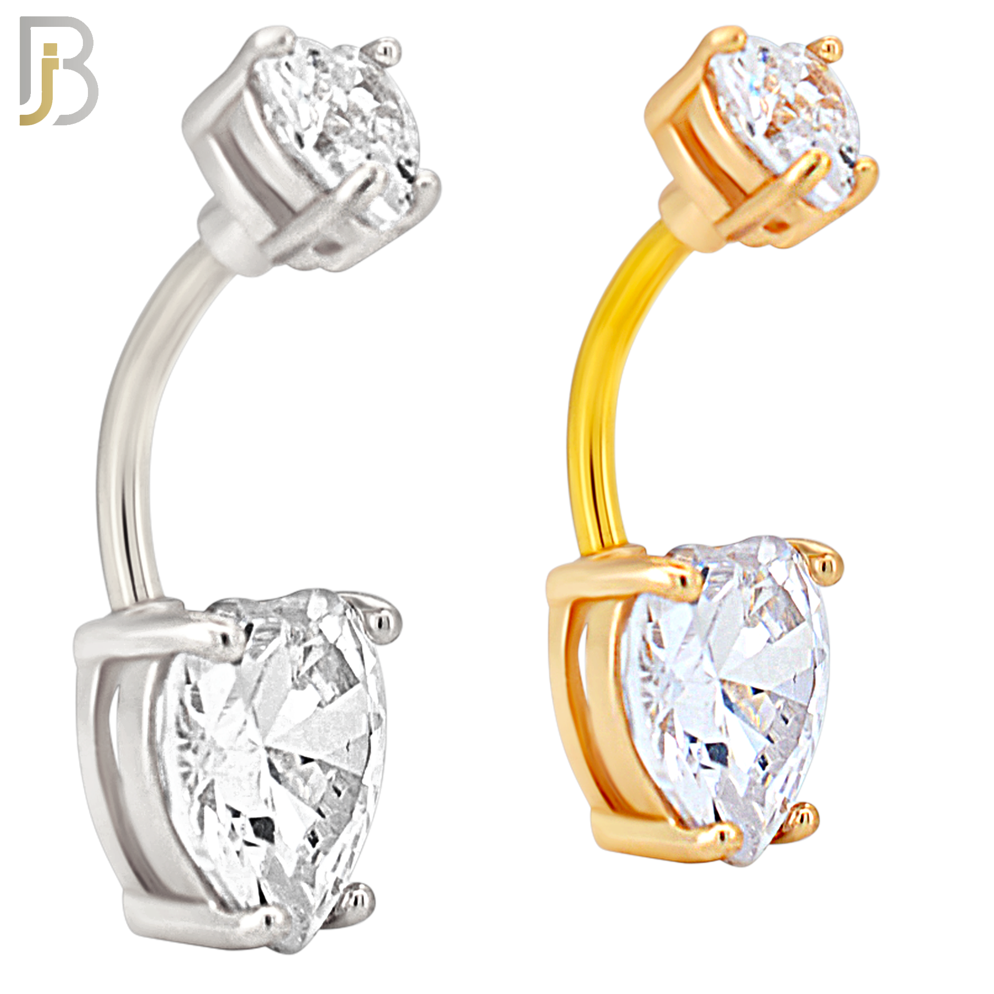 NB72 -  316L Stainless Steel Banana Belly Ring with Prong Set Double Heart Shaped Cubic Zirconia image 0