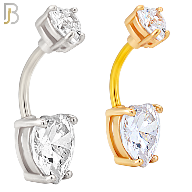 NB72 -  316L Stainless Steel Banana Belly Ring with Prong Set Double Heart Shaped Cubic Zirconia image 0