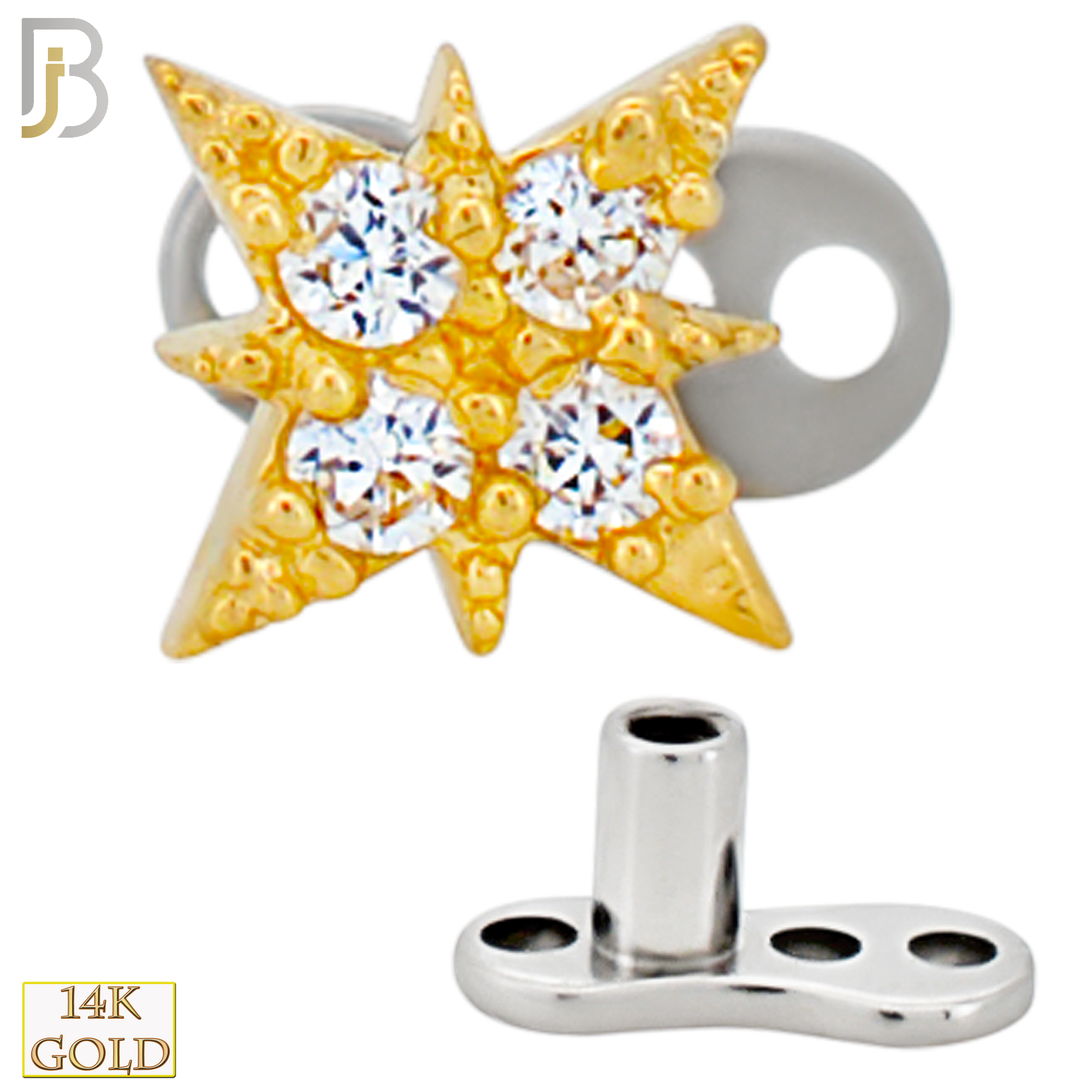 14-G23-DM16 - 14k Titanium Anchor and 14k Gold Top Starburst with Multi CZ Dermal - Internally Threaded image 2