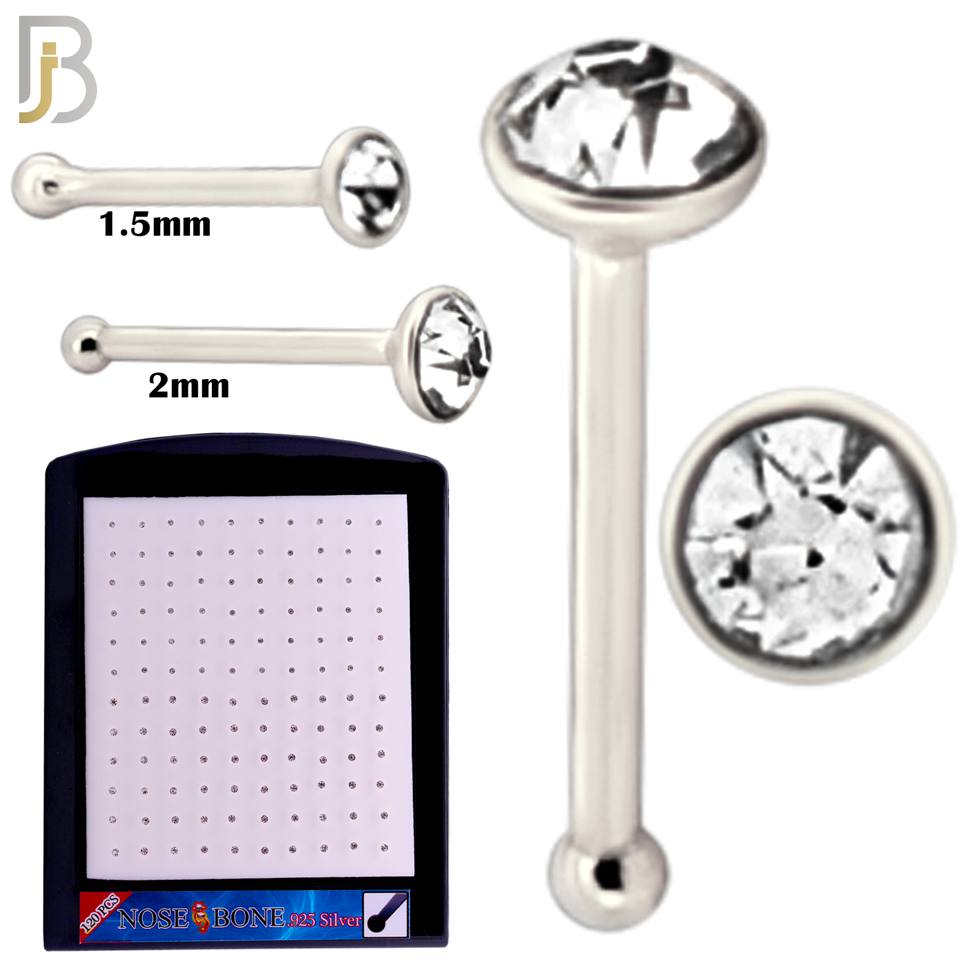 925-PK-NR04S-2C - Mixed of 1.5mm, 2mm Clear CZ 22g Thickness 925 Sterling Silver Nose Bones Press Fit, Packages Pack of 120 image 1