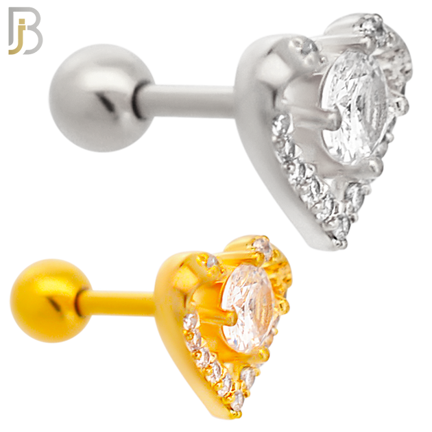 TB103 - 316L Stainless Steel Heart with Round CZ  Center Tragus/Cartilage Barbell (PACK OF 6) image 0