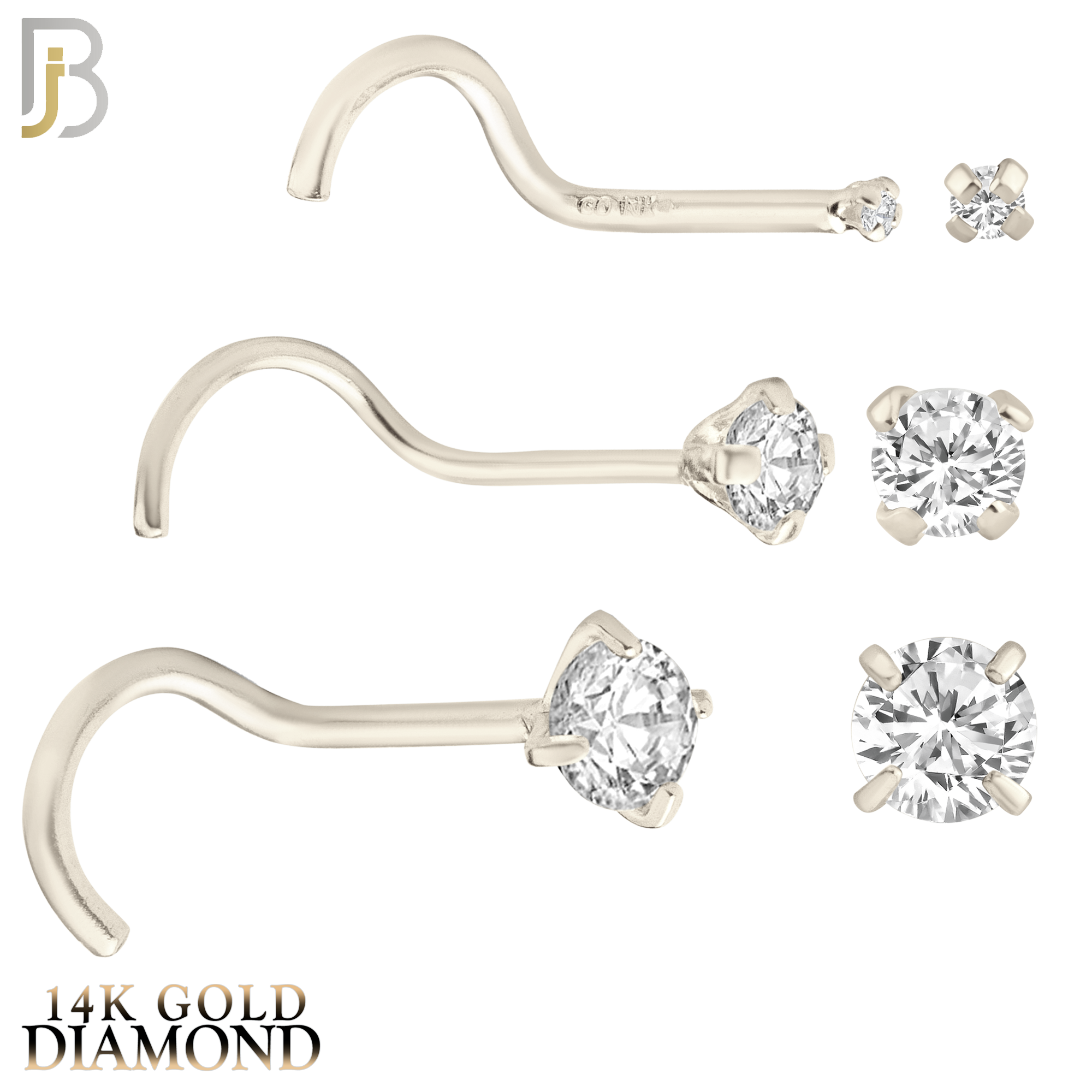 14-NR03D - 14k Solid  Gold Prong Setting  Round Si1 Diamond Nose Screw, Cork Screw image 1