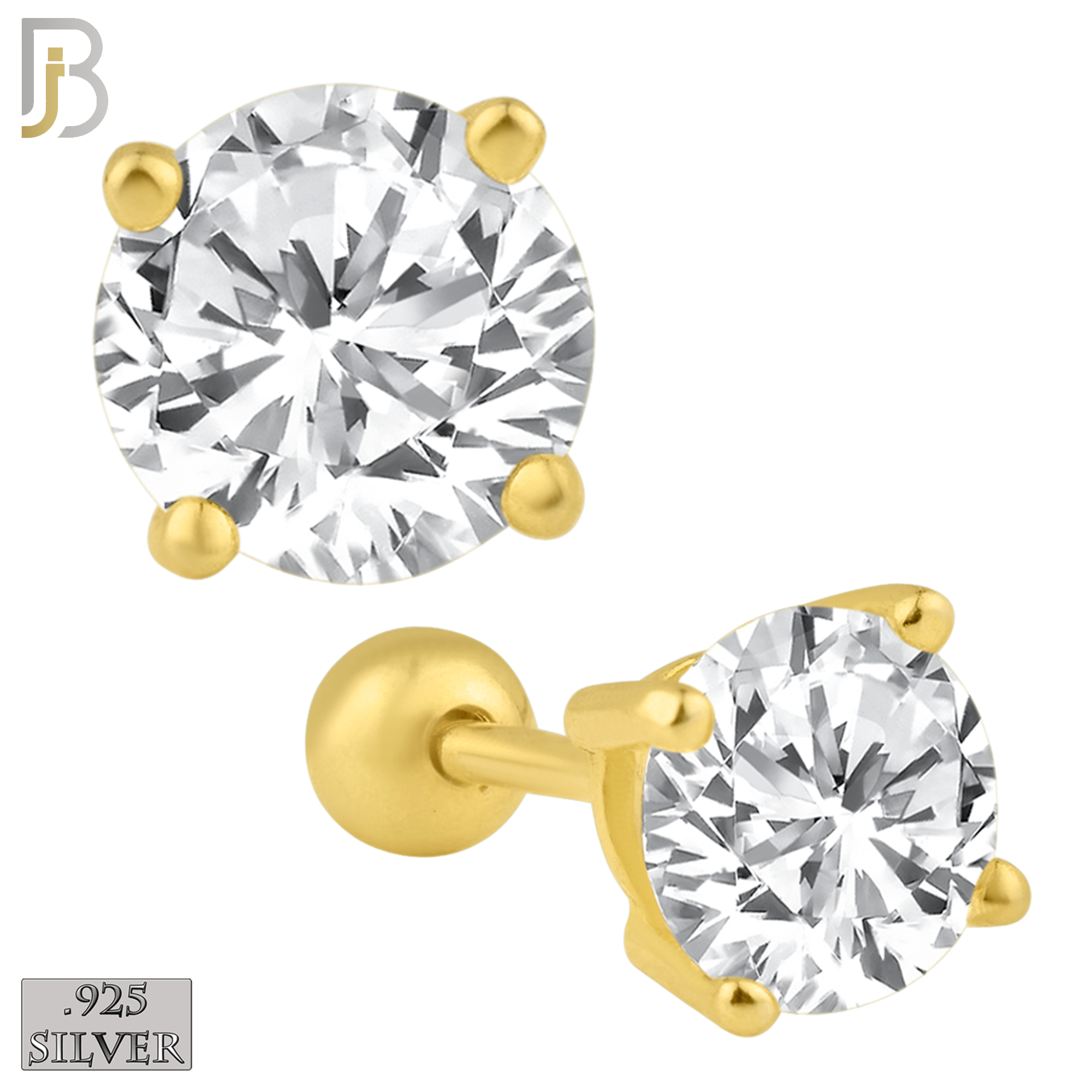 925-ES311-GC - .925 Sterling Silver Gold Plated Screw Ball Back Stud Earrings Casting Prong Setting with Round Clear Zircon image 1