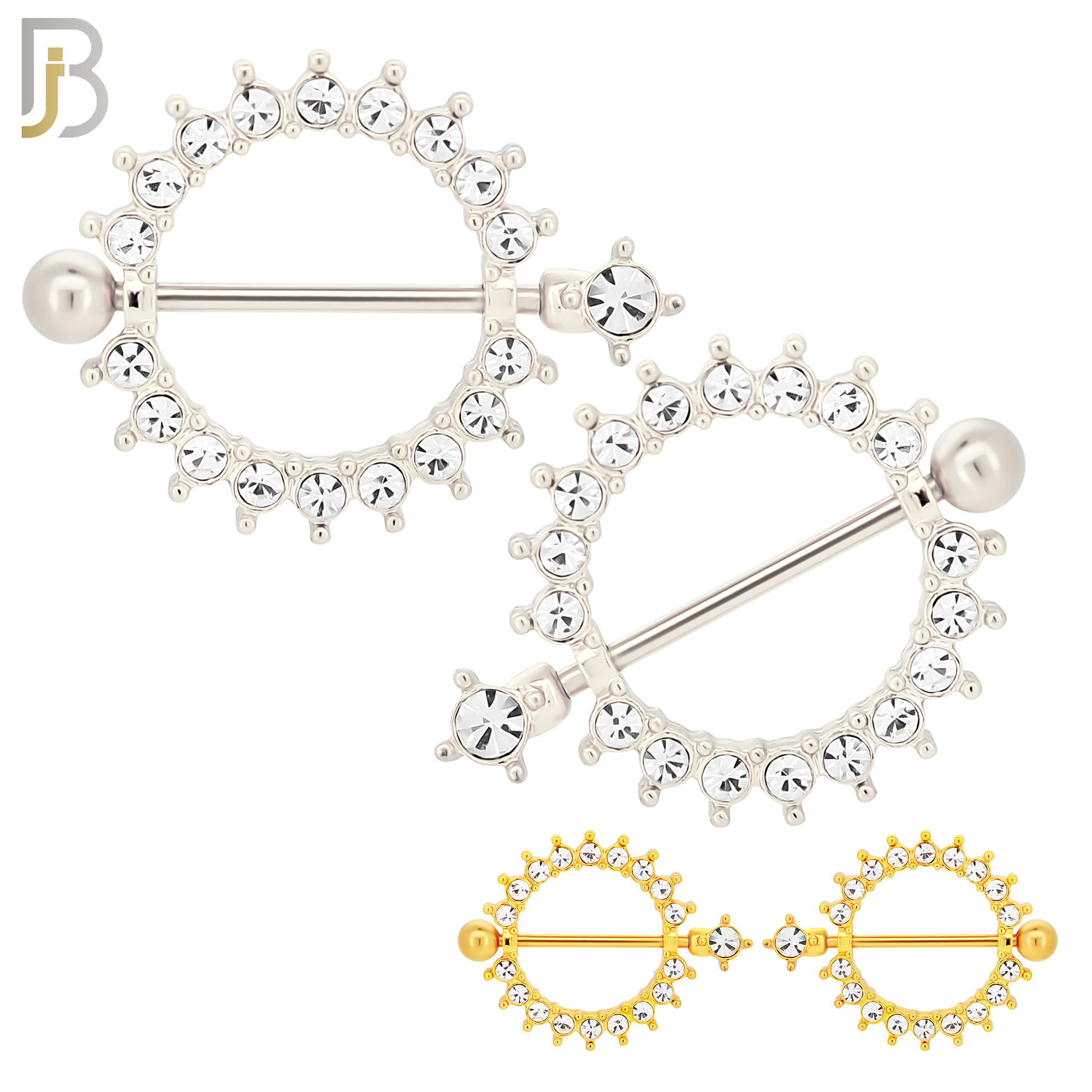 NP39 - 316L Surgical Steel Screw Shield Barbell with Alloy Sun with Bezel CZ Design Pair image 0