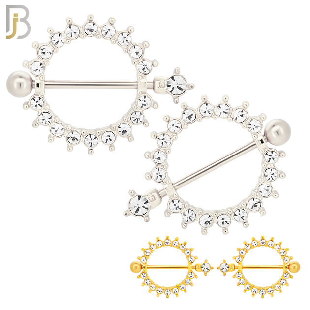 NP39 - 316L Surgical Steel Screw Shield Barbell with Alloy Sun with Bezel CZ Design Pair image 0