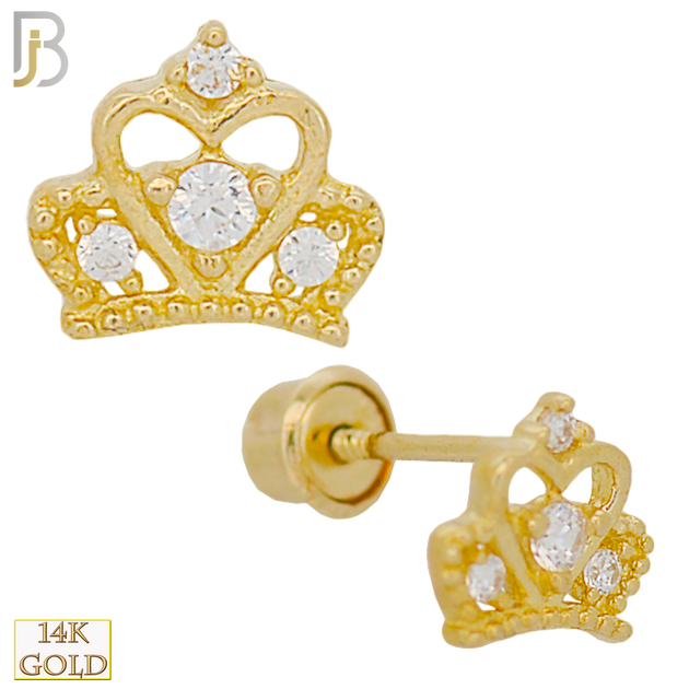 14-ES99 - 14k Solid Gold Screw Back Earring Hollow Heart Crown with CZ image 0