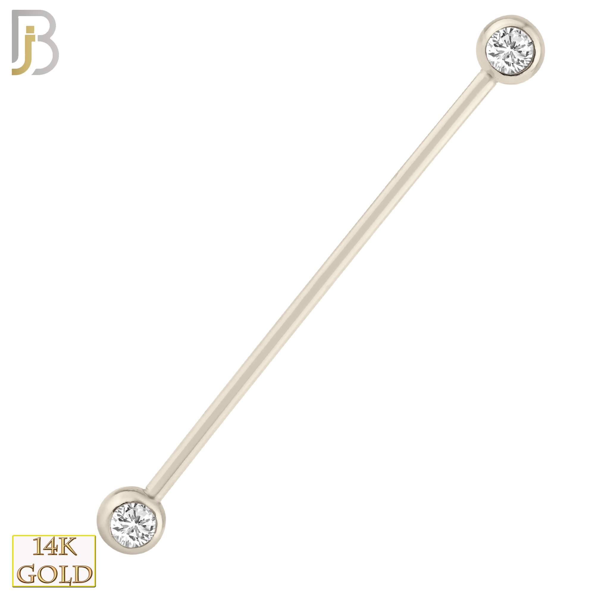 14-BB07 - 14k Solid Gold Industrial Barbell with Double Gem Ball CZ Externally Threaded image 2