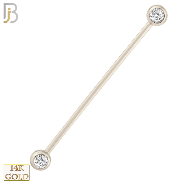 14-BB07 - 14k Solid Gold Industrial Barbell with Double Gem Ball CZ Externally Threaded image 2