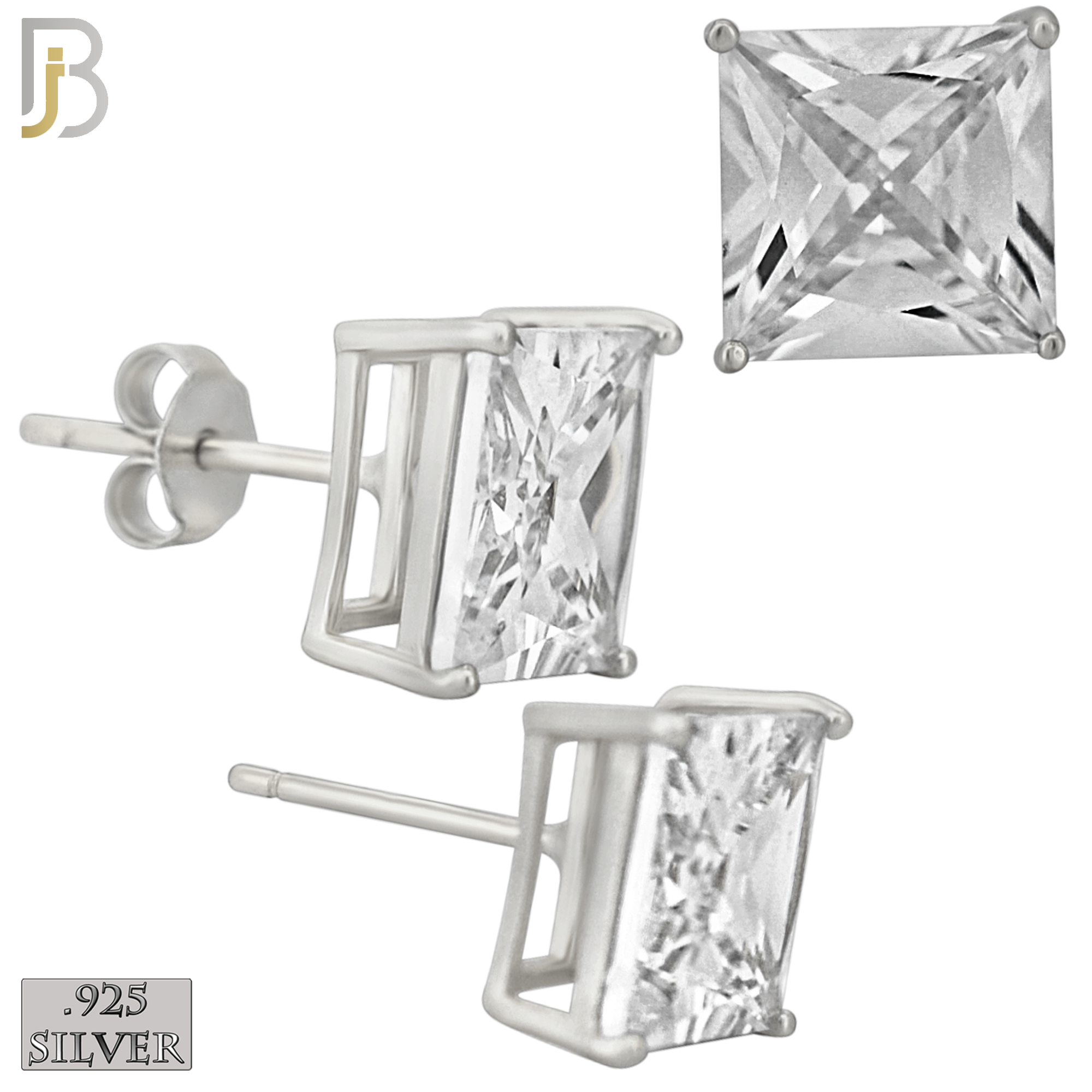 925-ES72-SC - .925 Sterling Silver Rhodium Plated Earring Stud Casting Square Princess Cut Prong Setting Clear Zircon image 8