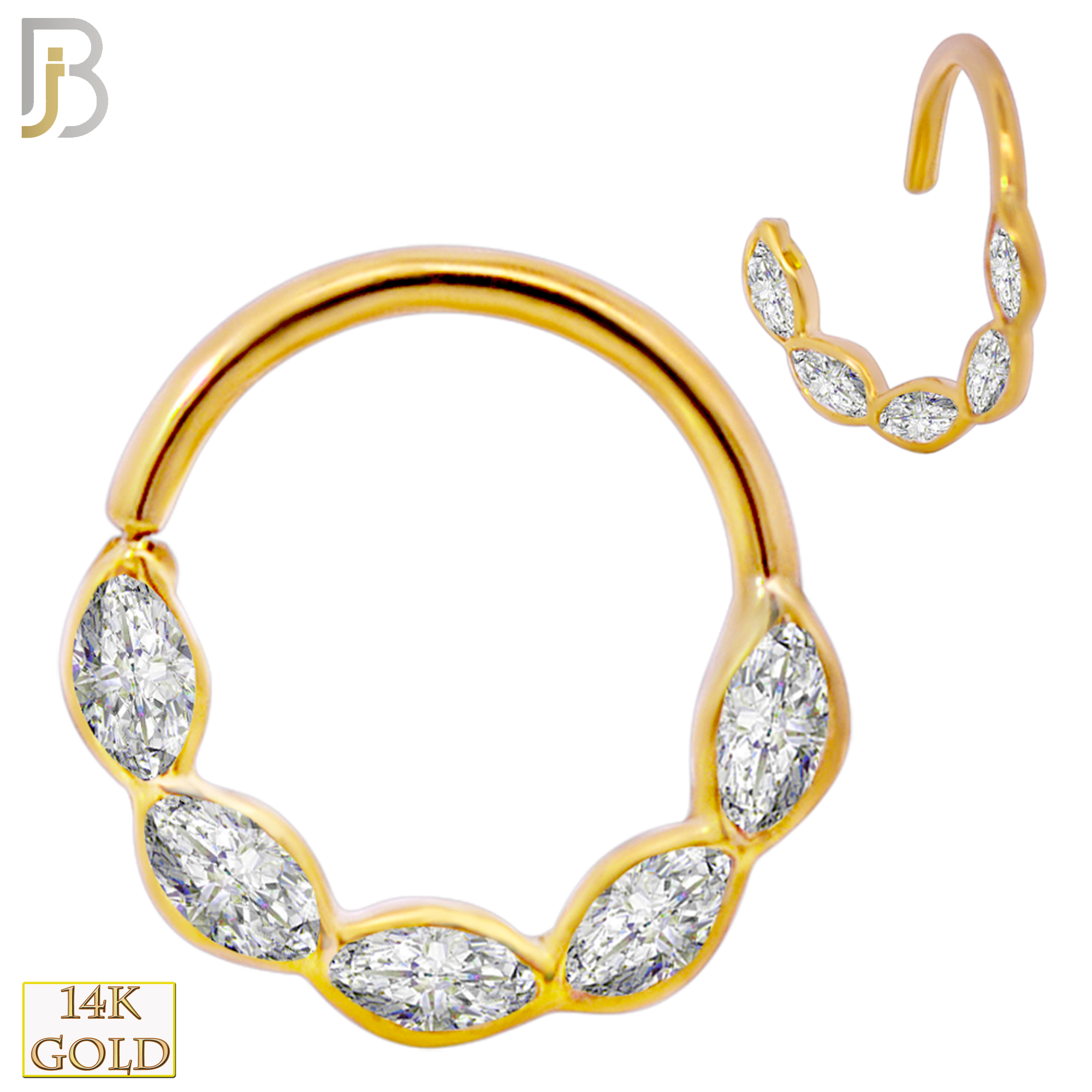 14-TH59 - 14k Yellow Gold 18g Thickness Twist to Open Hoops with 5 Marquise CZ in Bezel Setting - Yellow Gold image