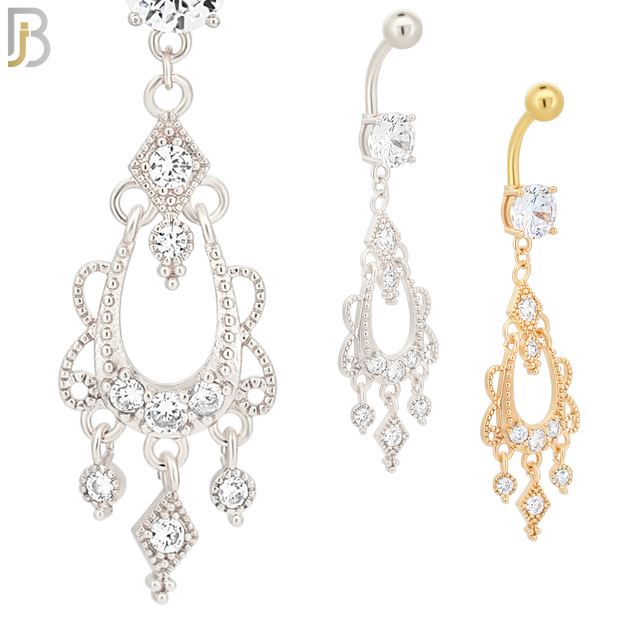 N063 - 316L Stainless Steel Dangling Chandelier Design Belly Ring with 5mm Screw Ball Top image 0