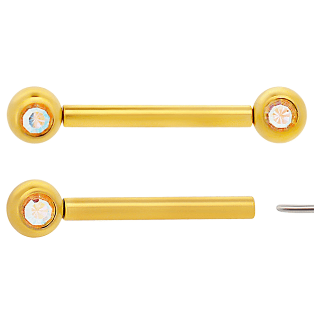 NP16G - 316L Surgical Steel Gold Plated Push In Round Bezel Zircon Nipple Ring Piercing image 1