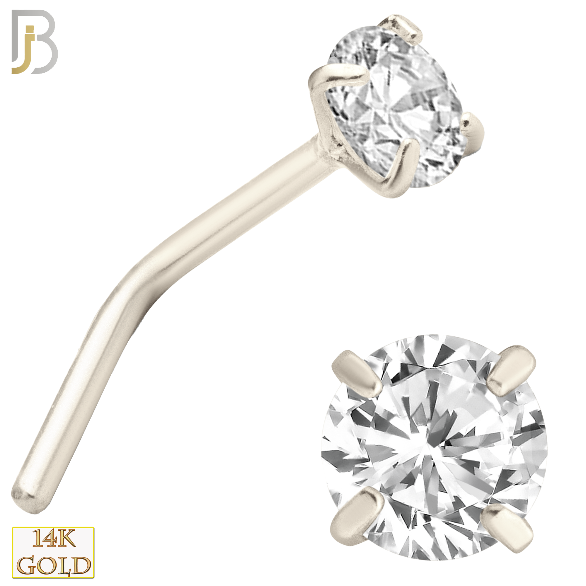 14-NR10CW-20 - 20g Thickness 14k Solid White Gold Prong Setting  Round Cubic Zircona L-Shape image 3