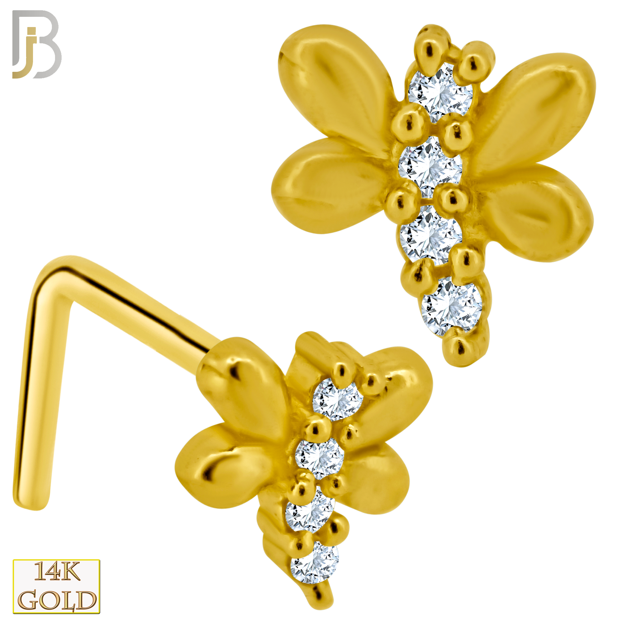 14-NR54L -  14k Solid Gold L-Shape Dragonfly Design Clear Zircon - Yellow Gold image